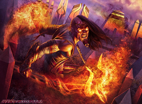 A mage is depicted throwing around fire.