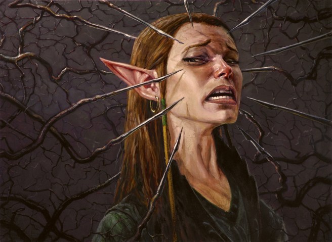 Multiple needles are positioned around an Elf's head preventing her from moving.