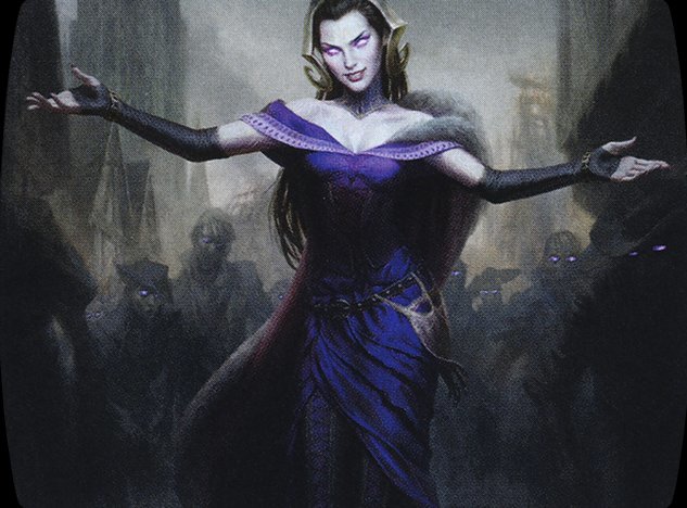 Liliana, the Last Hope depicts a woman dressed in purple leading an undead army behind her.